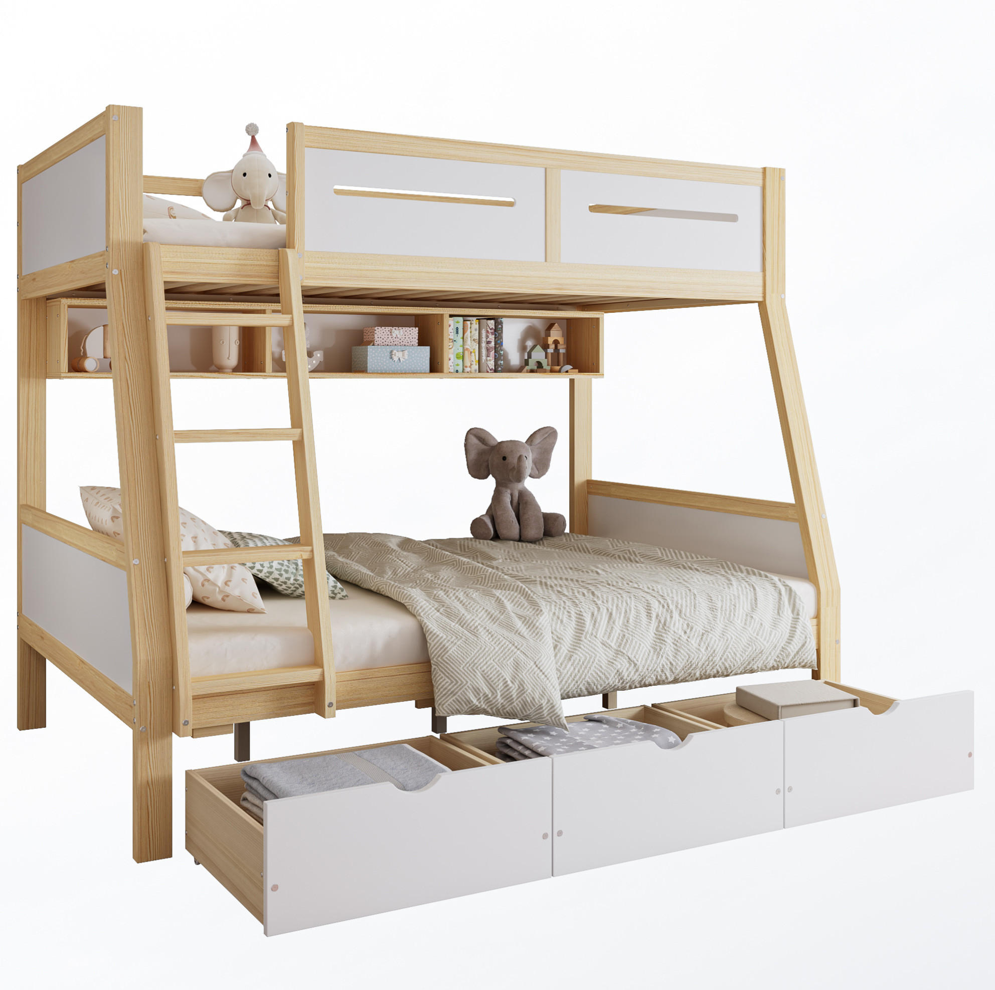 ETAGENBETT 90/200 cm und 120/200 cm mit 3 Schubladen, Bilderbuchregal und Trittleiter aus Kiefer/MDF, Weiß/Natur - Weiß, Holz (90/200cm) - Redom