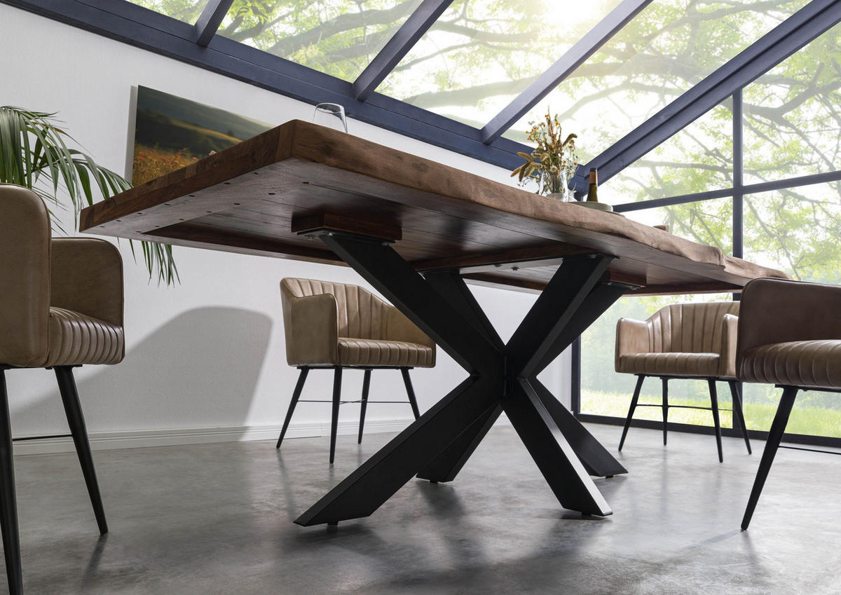 BAUMTISCH Sheesham 260x100x77 grau gebeizt / Kreuzgestell anthrazit matt FREEFORM 5 - Grau, Holz (260/100/77cm) - Massivmoebel24