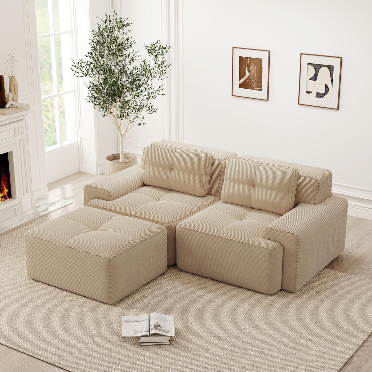 ECKSOFA Cord Beige mit Ottomane - Beige, Textil (204/177cm) - WISHDOR