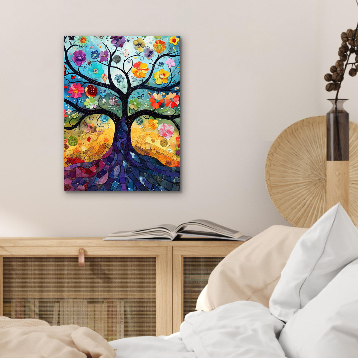 KOVOVÝ OBRAZ Umenie - Strom života - Kvety - Hippie 30x40 cm - tmavomodrá, kov (30/40cm) - MuchoWow