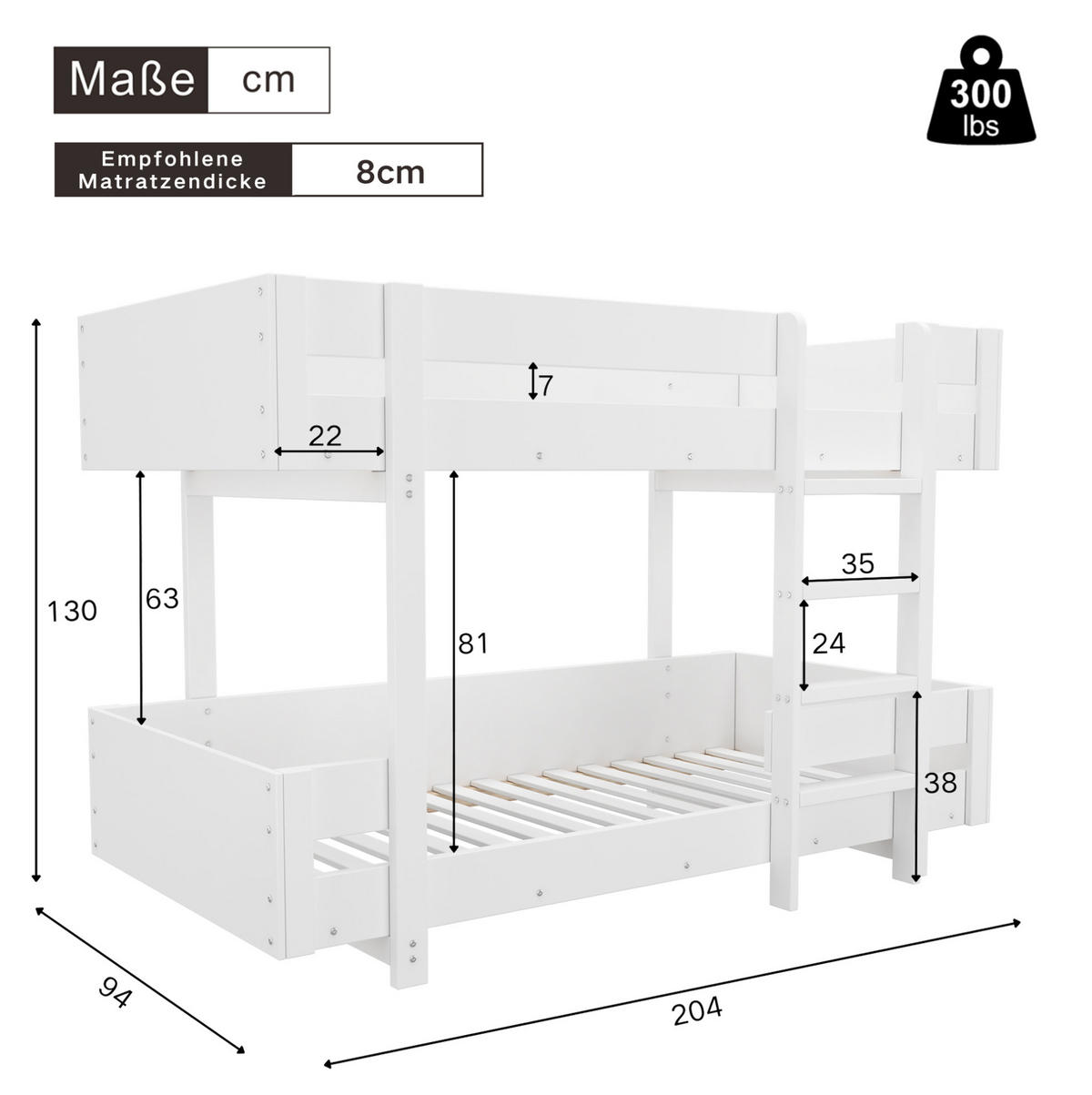 ETAGENBETT aus Massivholz 90x200 cm Weiß mit Leiter und verstärktem Geländer - Weiß, Holzwerkstoff (90/200cm) - Modfu