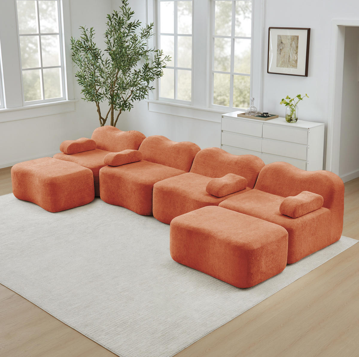 ECKSOFA 384/167/70 cm modular orange aus Samt mit Wellenform und 2 Hockern - Orange, Textil (167/384cm) - OKWISH