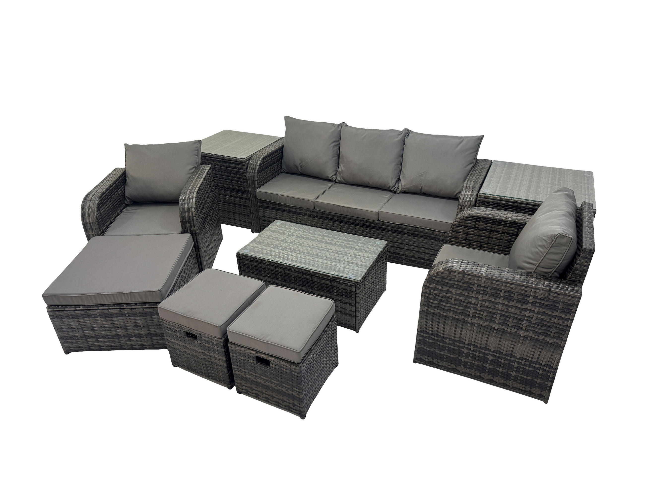 GARTENMÖBELSET mit Couchtisch Polyrattan 8-Sitzer - Dunkelgrau/Grau, Glas/Kunststoff - Fimous