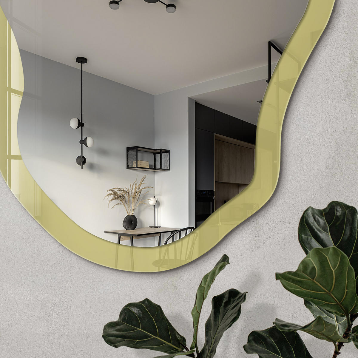 SPIEGEL 90x45 cm asymmetrisch mit Druck - Heller Senf - Transparent, Glas (45/90/0.4cm) - TULUP