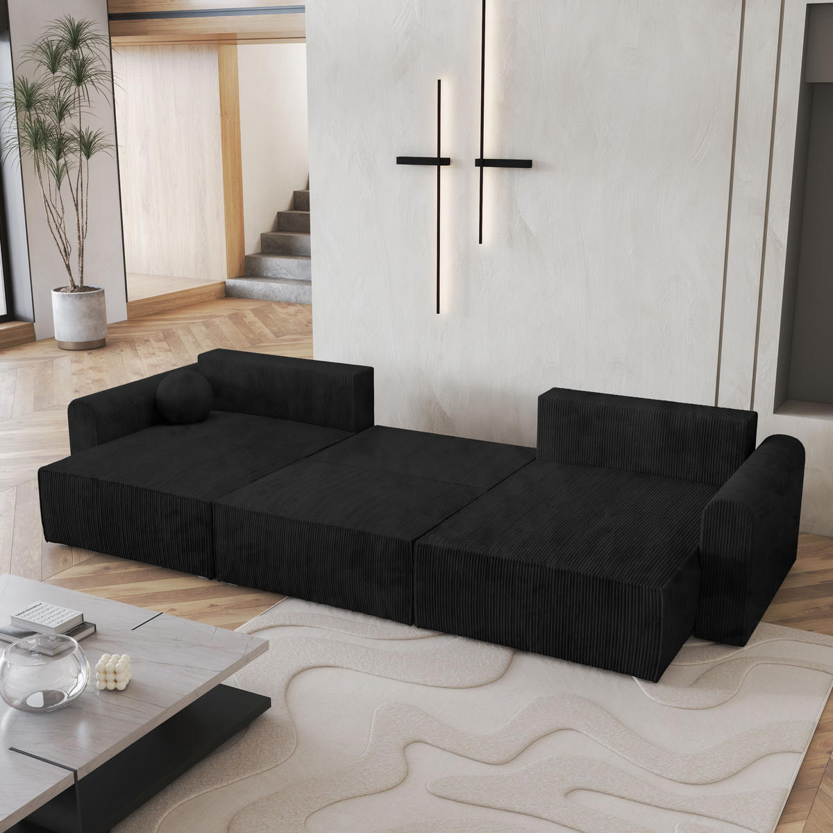 WOHNLANDSCHAFT FENTO P Schwarz Kordstoff mit Schlaffunktion - Schwarz, Holz (347/90/148cm) - MASSENO