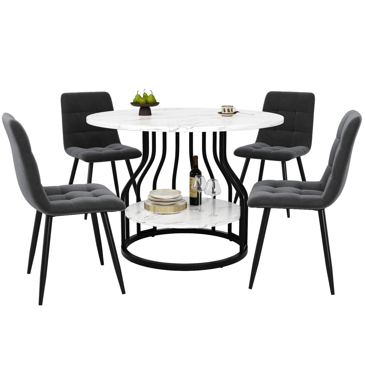 ESSGRUPPE DE-39222 runder 80 cm Tisch mit 4 Stühlen Grau/Schwarz - Schwarz/Grau, Holzwerkstoff (80/76/80cm) - ComfortXL