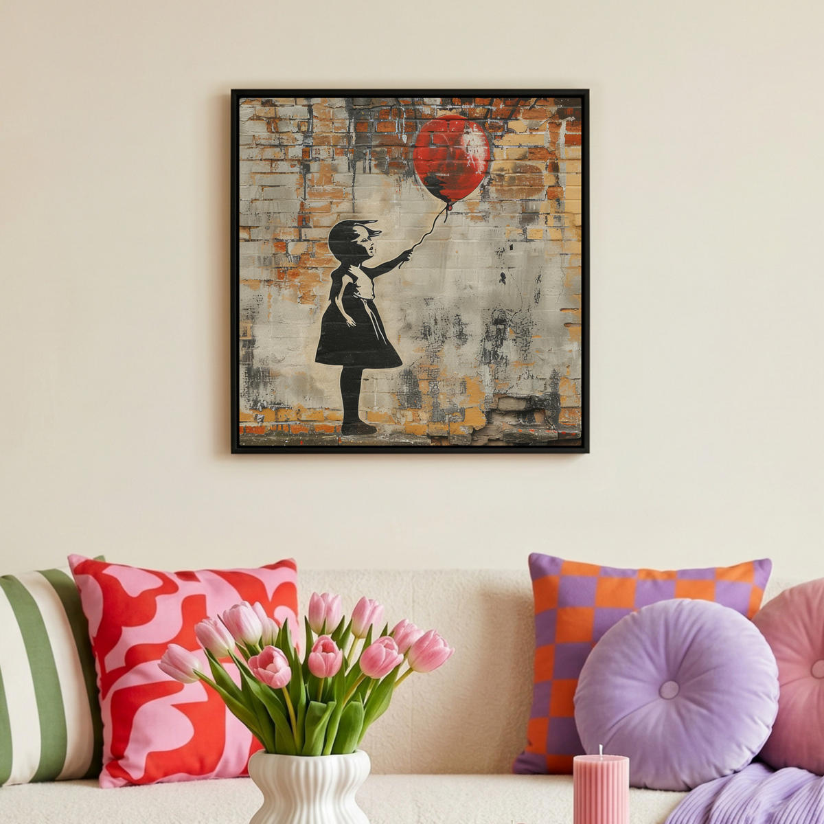 LEINWAND Bilder mit Rahmen - Graffiti - Banksy - Mädchen - Straßenkunst - 50x50 - Sandfarben, Textil (50/50cm) - MuchoWow