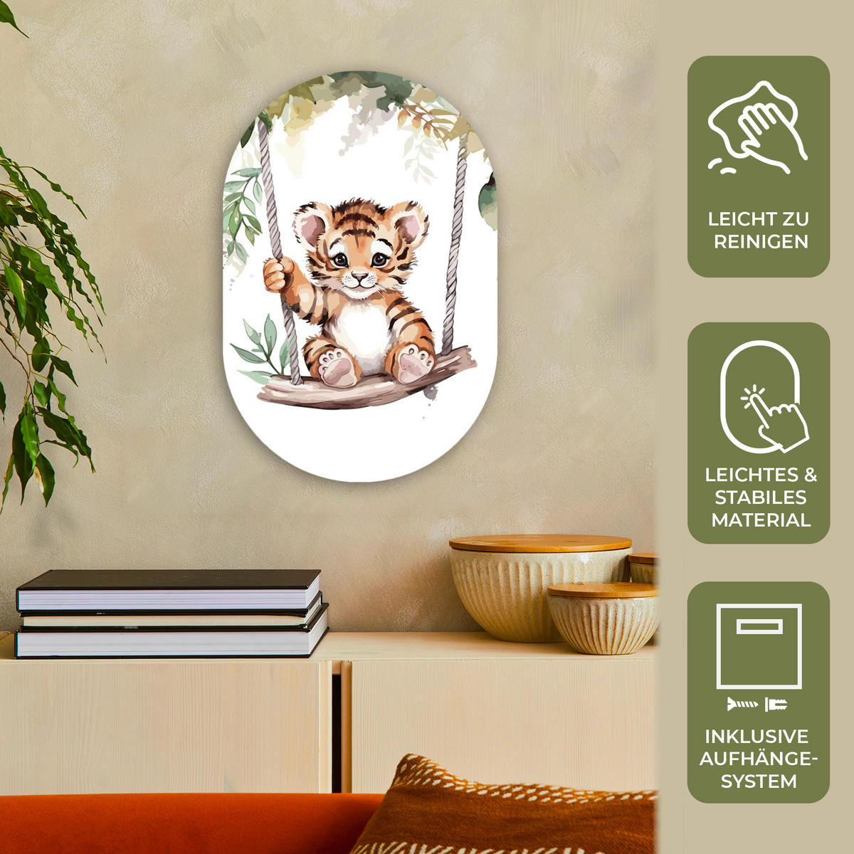 WANDBILD Tiger - Tier - Kinder - Dschungel 40x60 cm - Dunkelorange, Kunststoff (40/60cm) - MuchoWow