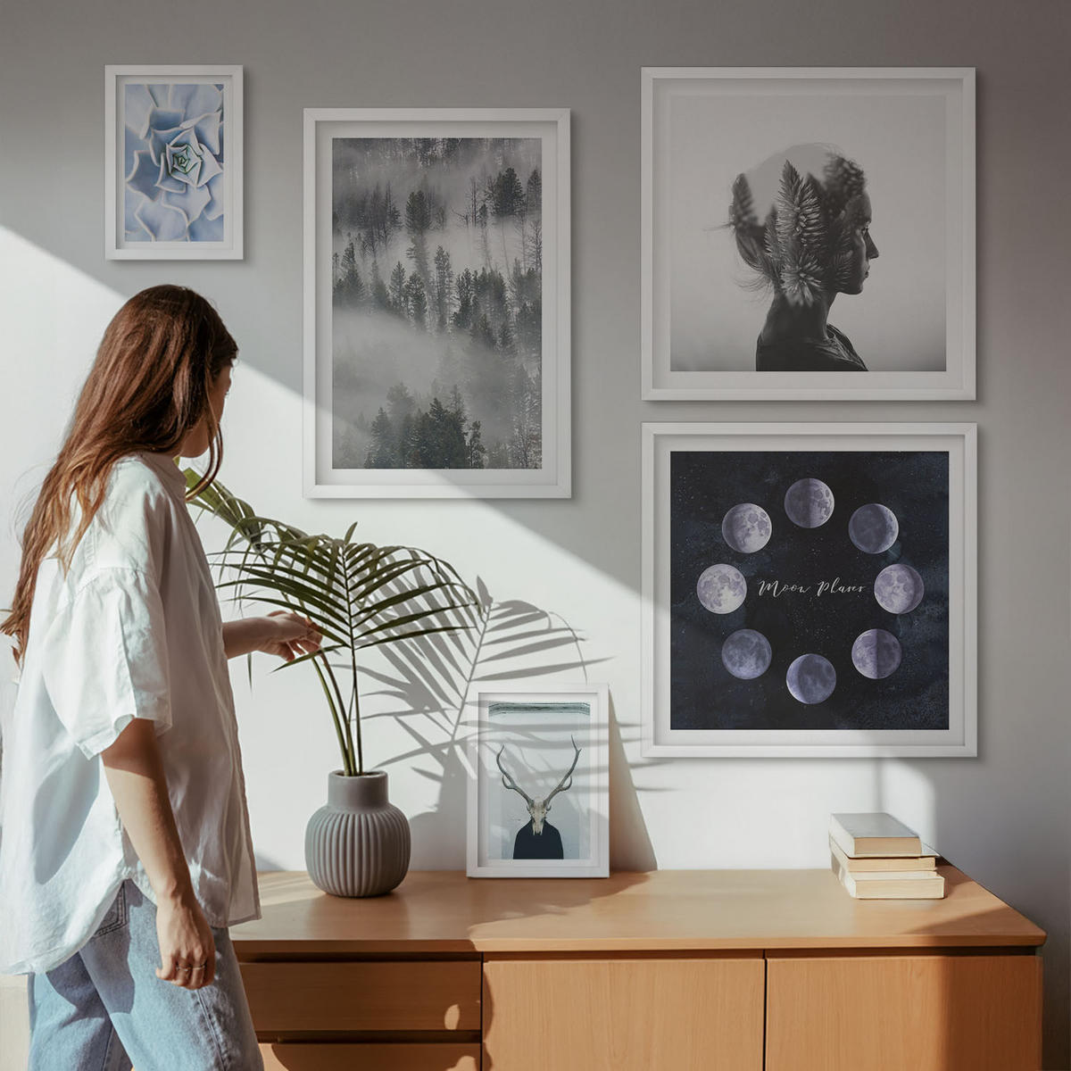 WANDBILDER 5er-Set - 50x50 cm & 20x30 cm & 40x60 cm Weißer Rahmen - Waldnebel, Mond, Schädel, Frau - Weiß, Kunststoff (40/60cm) - ArtPrintCave