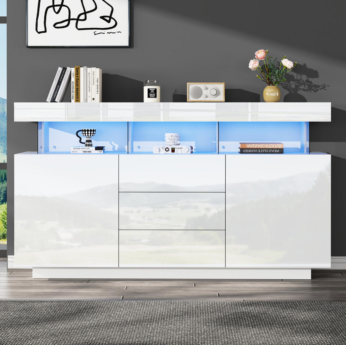 KOMODA z dřevotřísky a akrylu 140x35x80 cm bílá s LED osvětlením, 3 zásuvkami a 2 skříňkami ve vysokém lesku - bílá, kompozitní dřevo (140/80/35cm) - Modfu