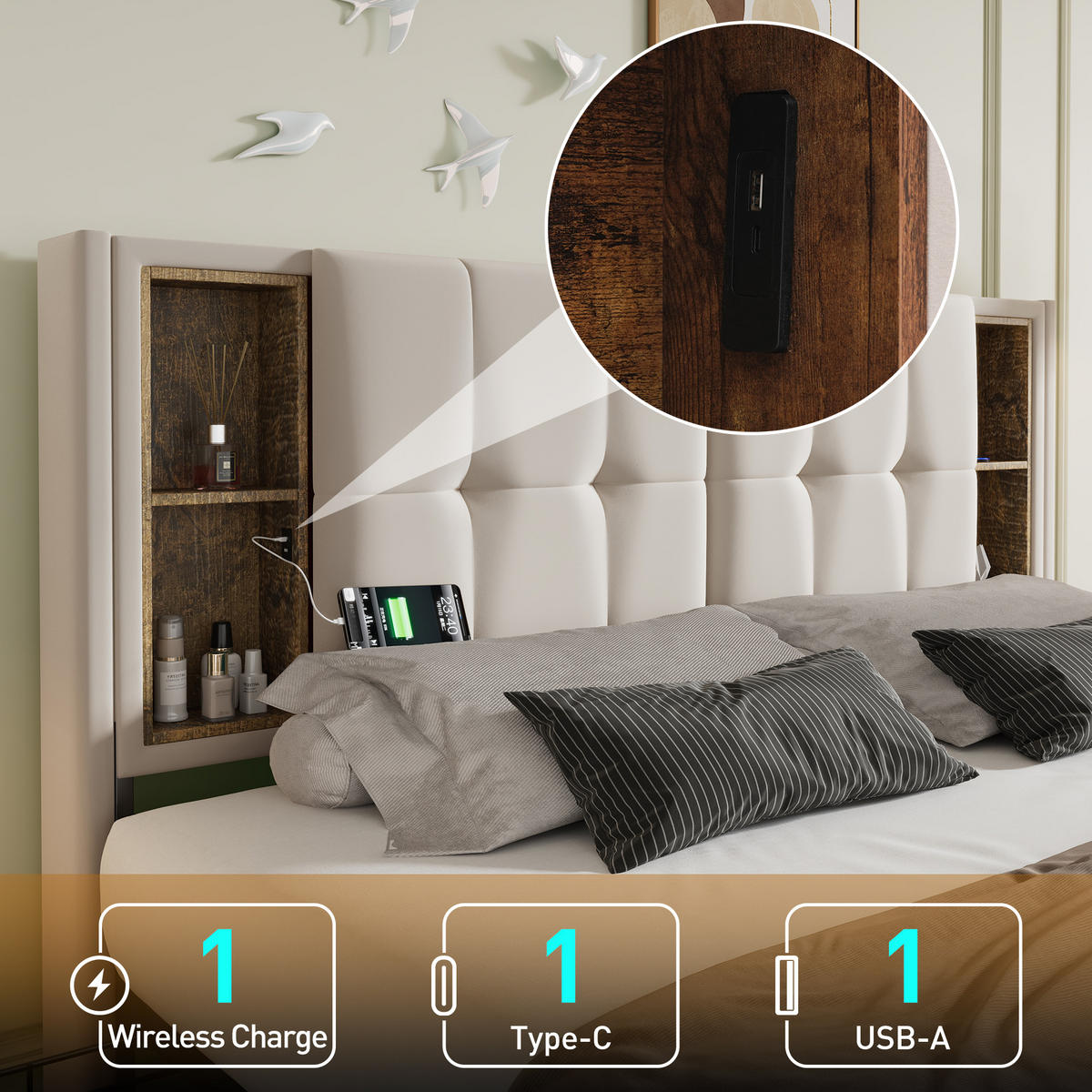 POLSTERBETT 160/200 cm Beiger Samt mit Kabellosem Laden und 4 Schubladen - Beige, Textil (160/200cm) - OKWISH