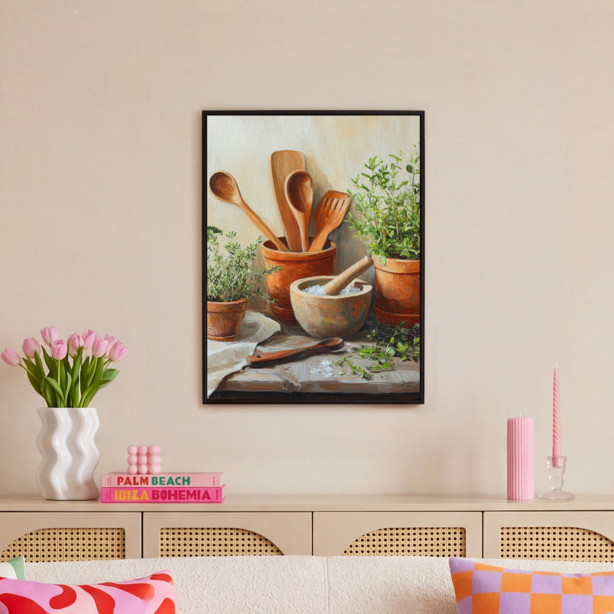 LEINWAND Bilder mit Rahmen - Töpfe - Kräuter - Holz - 60x80 - Terracotta, Textil (60/80cm) - MuchoWow