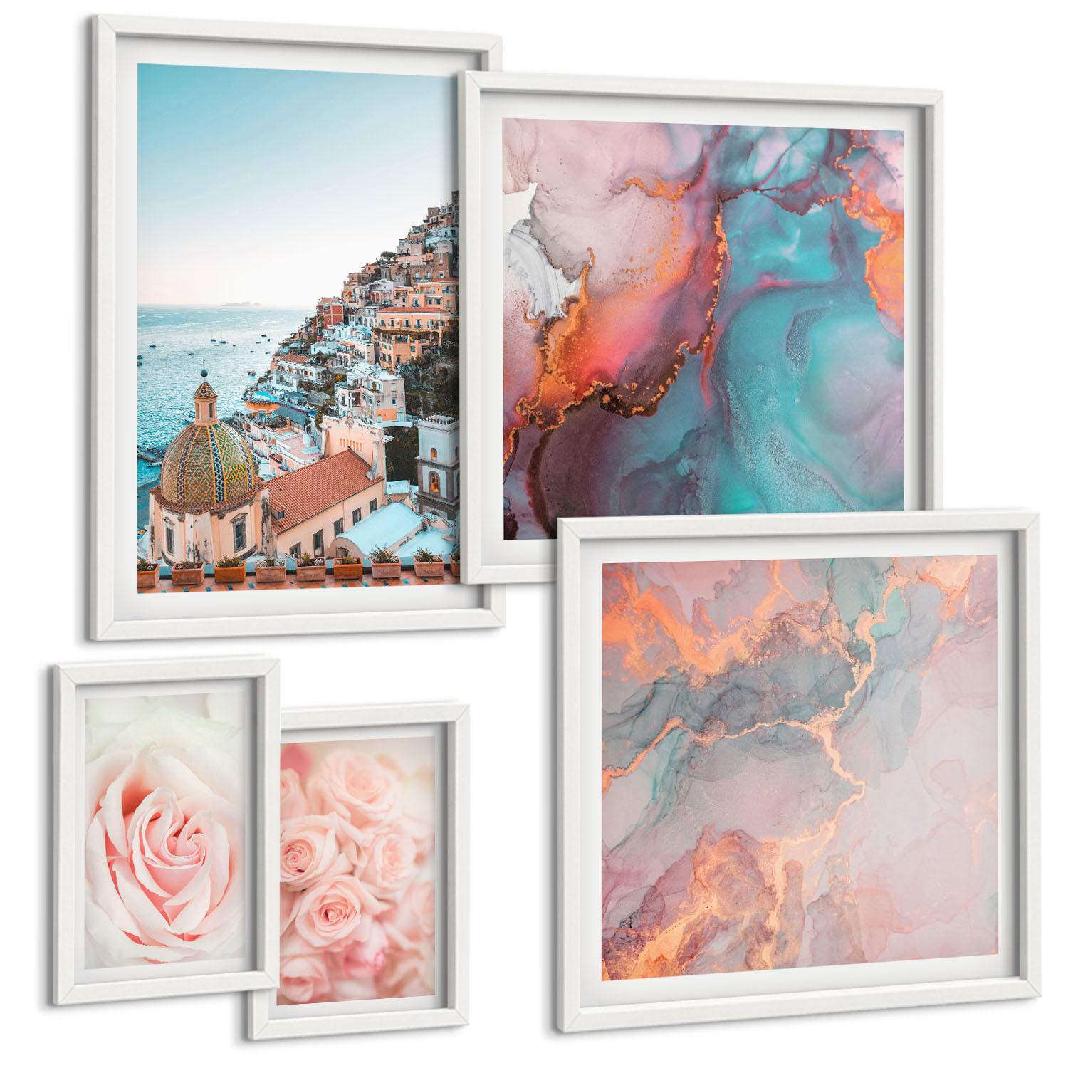 BILDER SET 5er Set - 50x50 cm & 20x30 cm & 40x60 cm Weißer Rahmen - Abstrakte Pastellmuster - Weiß, Kunststoff (40/60cm) - TULUP