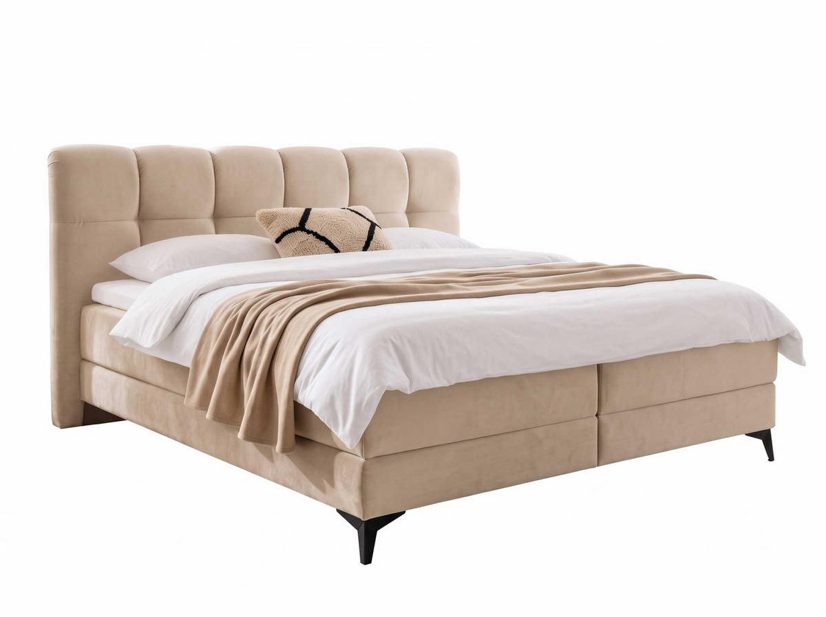 BOXBETT Marbella 160/200 cm Samt Beige mit Bettkasten, mit Matratze, mit Premium Topper H2/H3 - Beige/Schwarz, Textil (160/200cm) - wonello