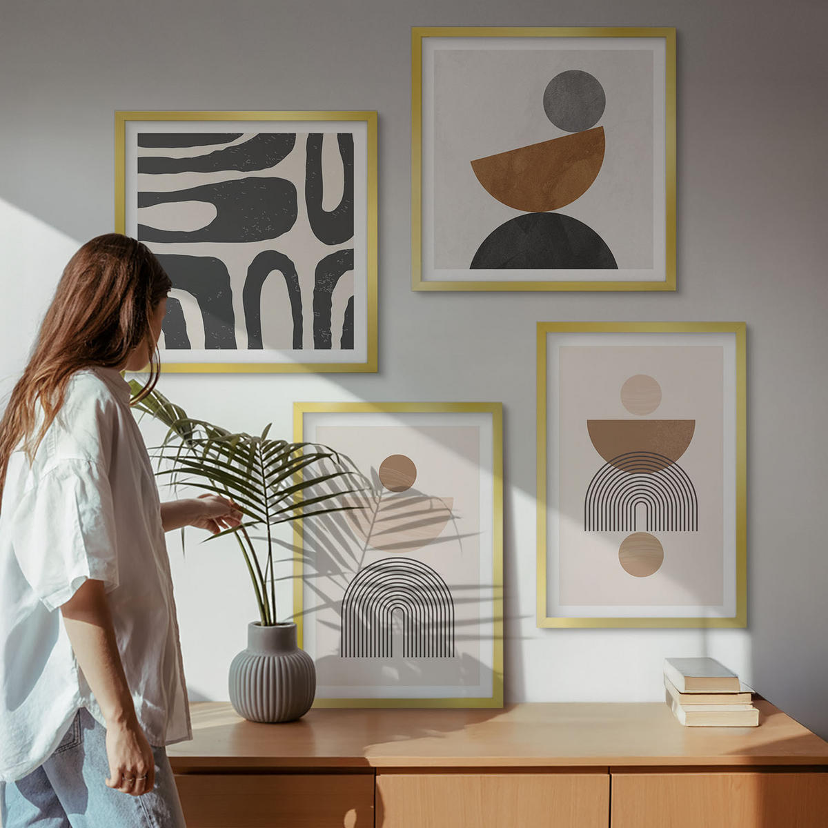 WANDBILDER 4er Set - 50x50 cm & 40x60 cm Goldrahmen - Abstraktes Boho-Design - Goldfarben, Kunststoff (50/50cm) - ArtPrintCave