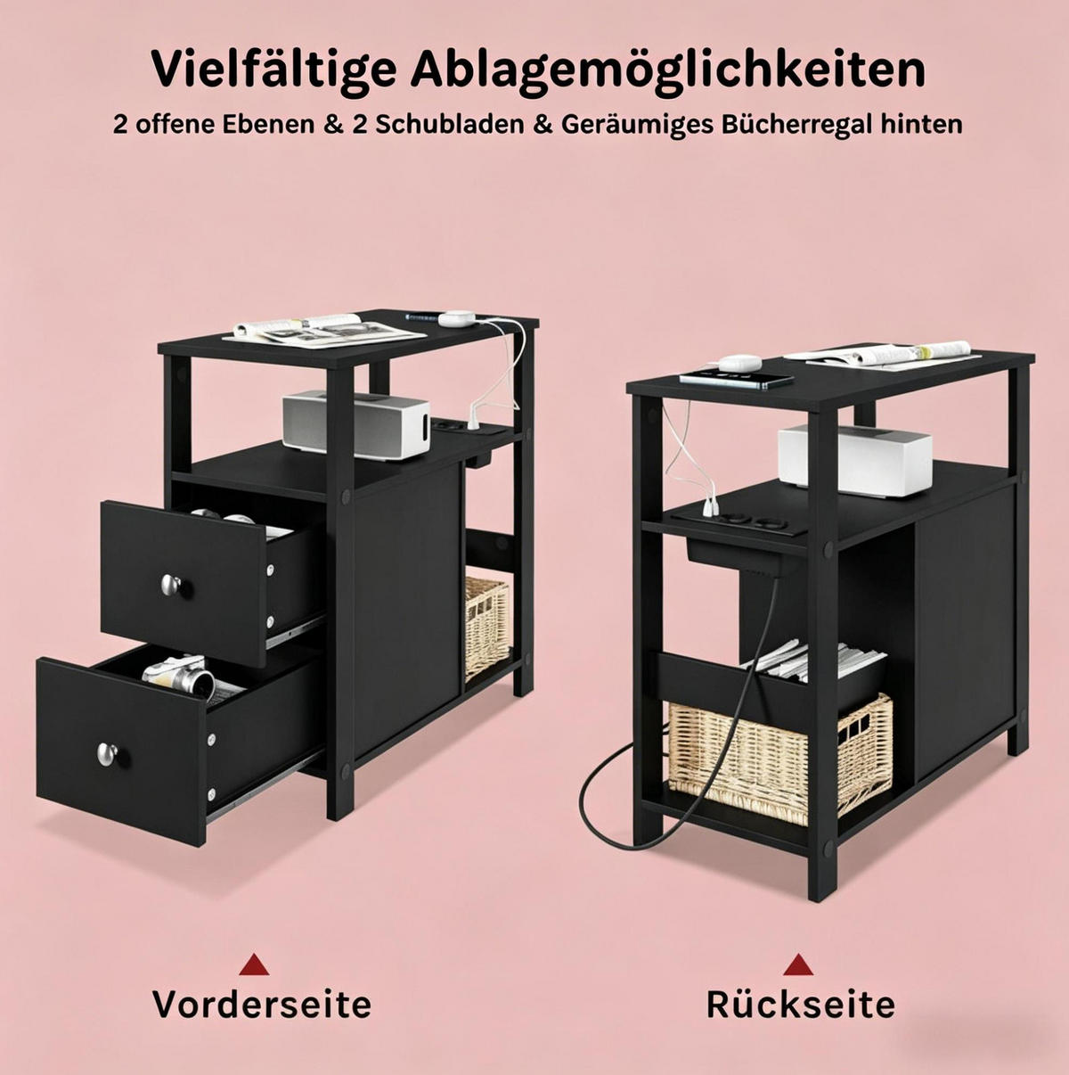 BEISTELLTISCH mit Steckdose 60 x 60 x 30 cm Holz Schwarz - Schwarz, Holz (60/30/60cm) - Meubliv