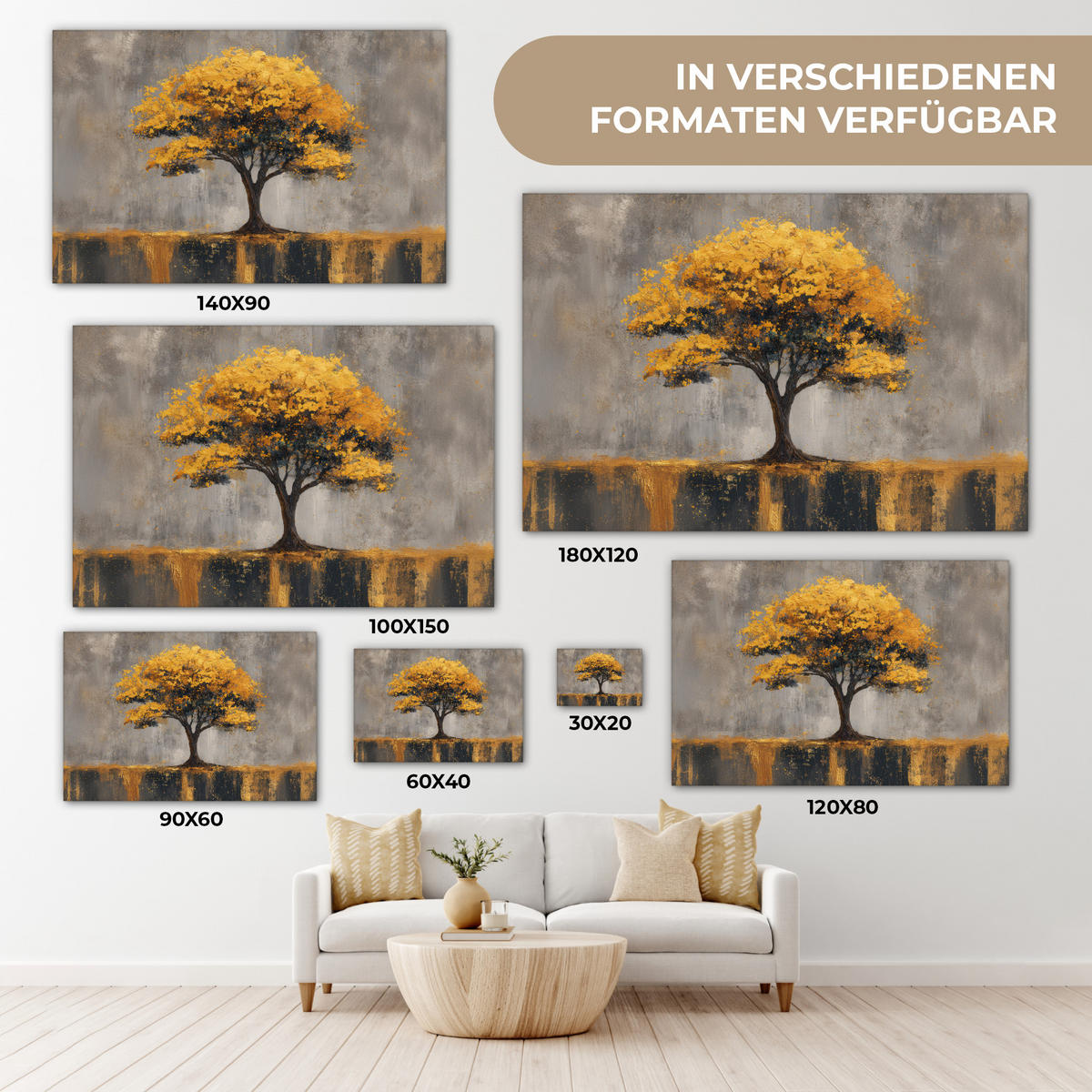 LEINWANDBILD Baum - Blätter - Gold - Abstrakt Wohnzimmer Groß 120x80 cm - Grau, Textil (120/80cm) - MuchoWow
