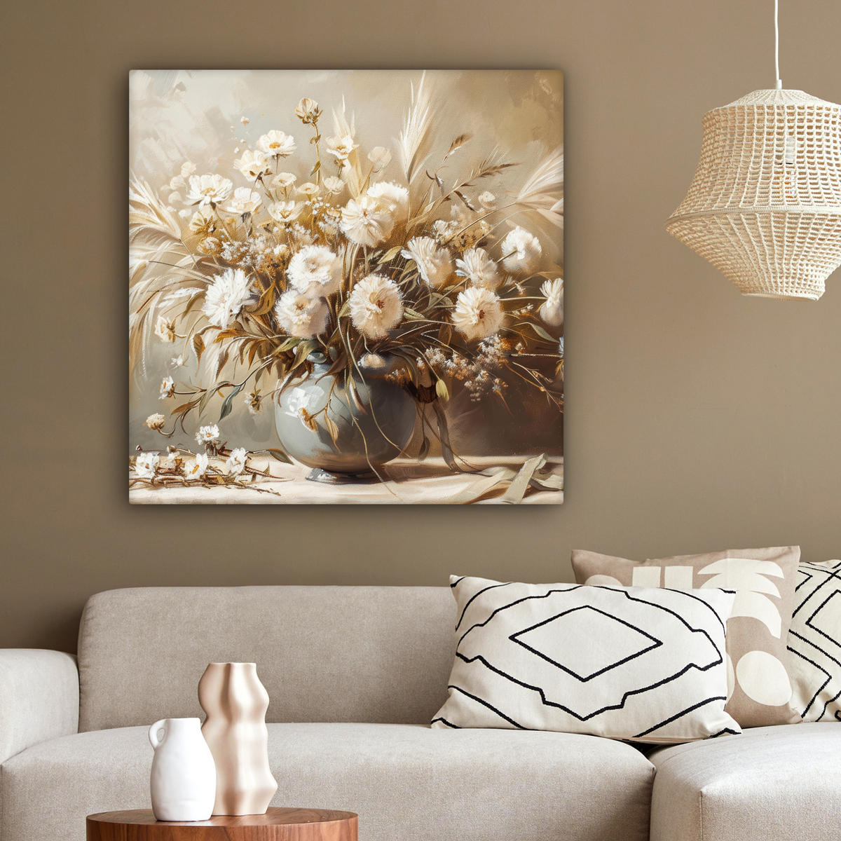 LEINWANDBILD Blumen - Vase - Stilleben - Beige 90x90 cm - Creme, Textil (90/90cm) - MuchoWow