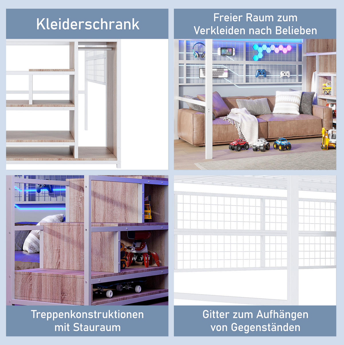 HOCHBETT 140/200 cm aus Metall mit Kleiderschrank, Weiß - Weiß, Metall (140/200cm) - OKMYHOME