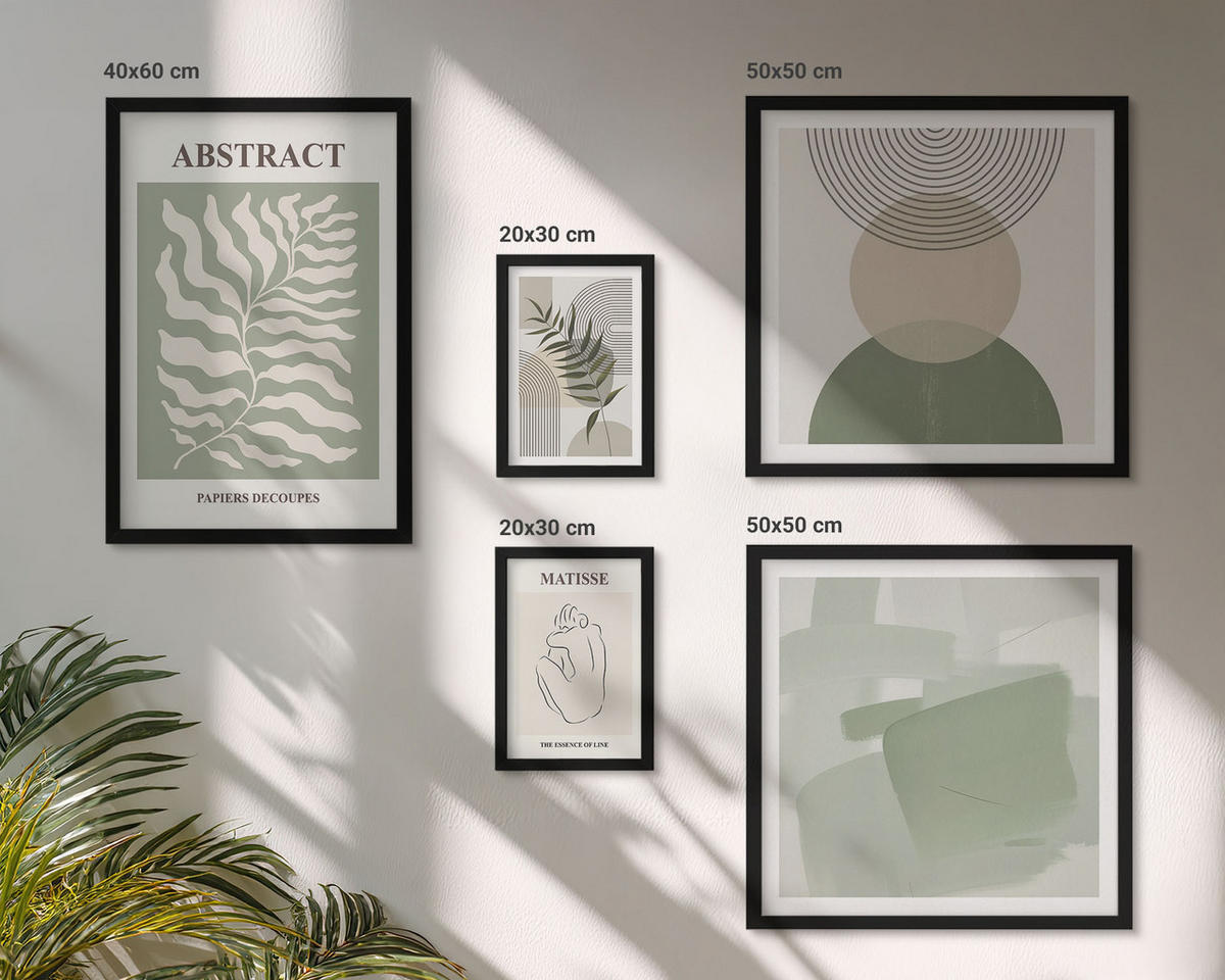 BILDER SET 5er Set - 50x50 cm & 20x30 cm & 40x60 cm Schwarzer Rahmen - Botanische Boho-Abstraktionen - Schwarz, Kunststoff (40/60cm) - TULUP