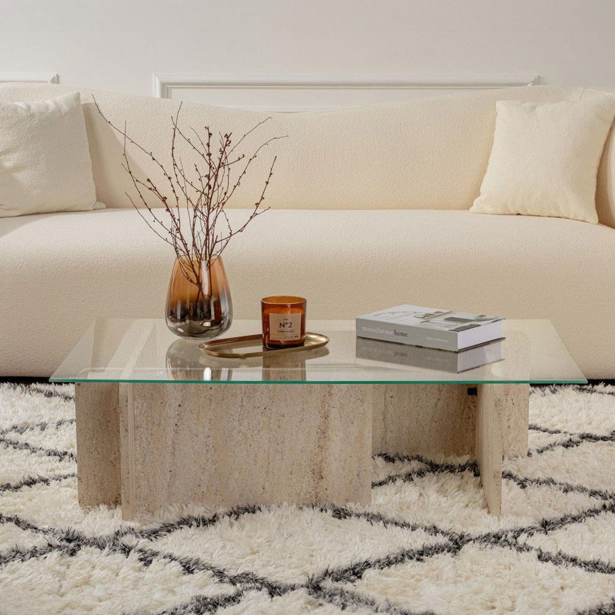 COUCHTISCH - Travertin - Beige - Beige, Stein (105/65/30cm) - Drawer