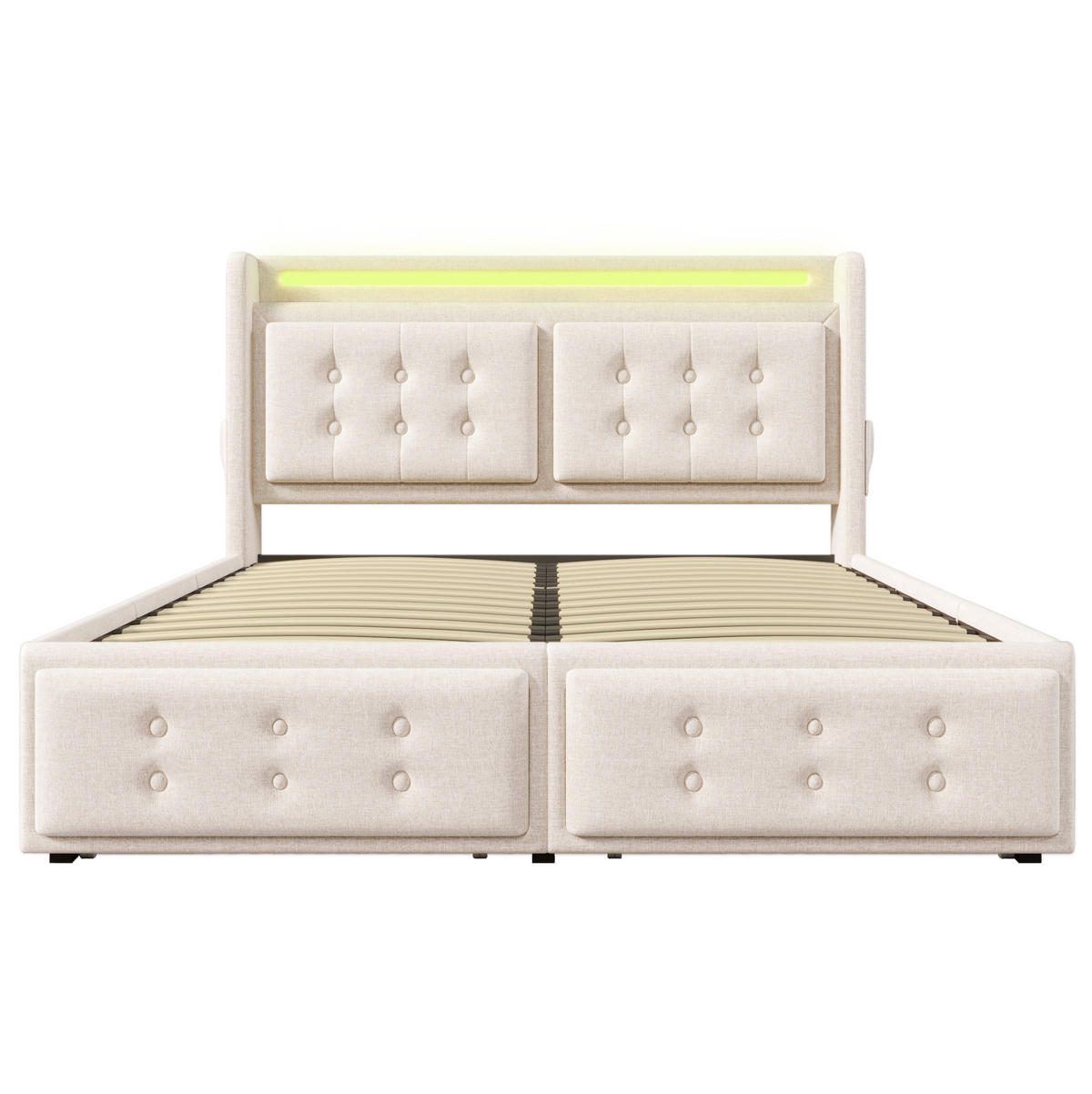 POLSTERBETT aus Baumwoll-Leinenstoff 140x200 cm Beige mit LED, USB-C und 4 Schubladen - Beige, Textil (140/200cm) - IVMEU
