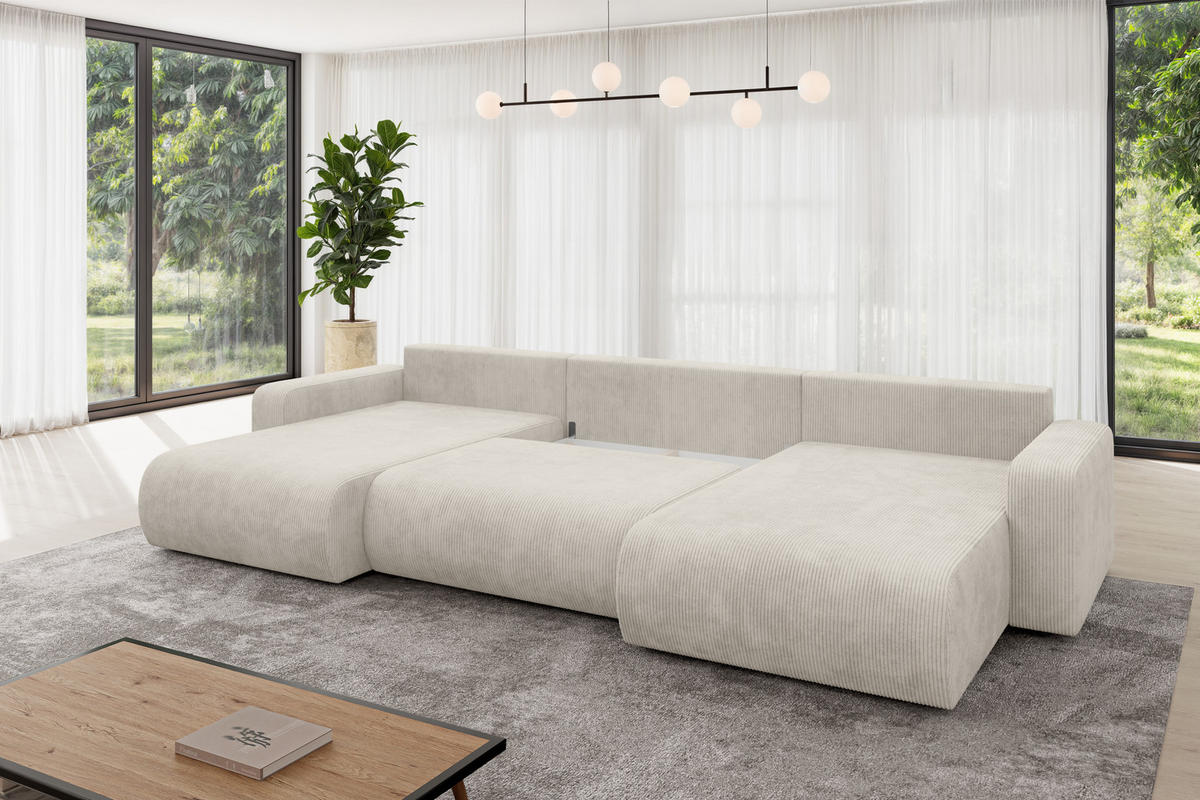 SEDACÍ SOUPRAVA DO U s funkcí spaní a úložným prostorem BERY-U 377x193x88 krémová manšestr - černá/krémová, kompozitní dřevo/textil (377/88/193cm) - ALTDECOR