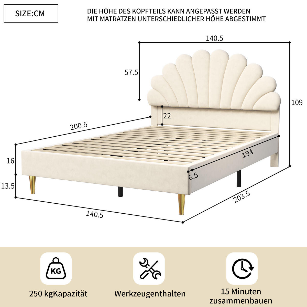 POLSTERBETT 140x200 cm, doppelbett, mit blütenblattförmigem Kopfteil, aus weichem Samt in beige - Beige, Holz/Textil (140/200cm) - BRILVERDE