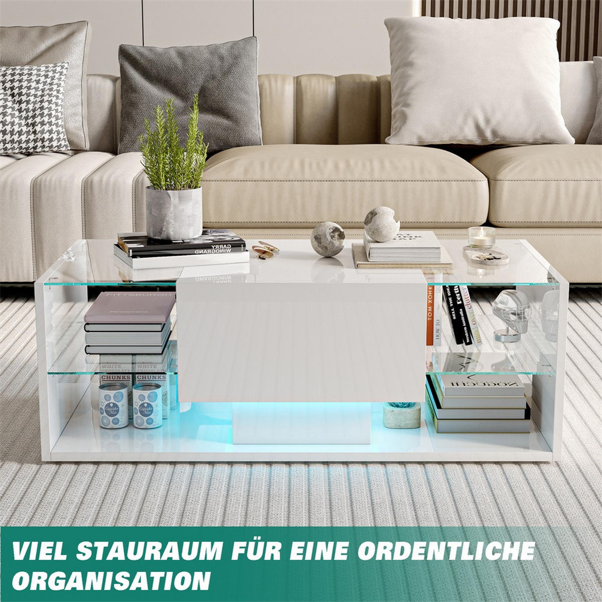 COUCHTISCH mit RGB-LED-Beleuchtung und Glasablagen - Hochglanz - Wohnzimmertisch rechteckig - Weiß - Weiß, Holzwerkstoff (100/50/35cm) - DELFA
