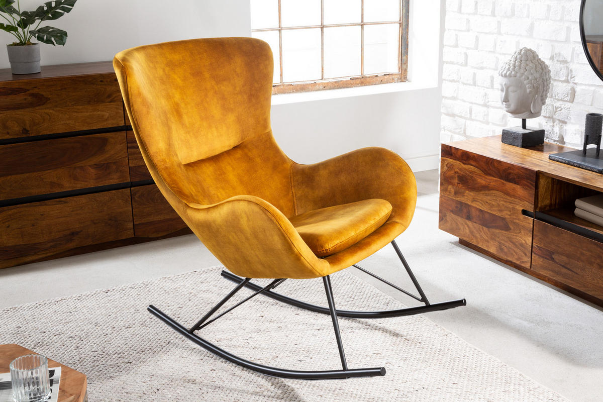 SCHAUKELSTUHL SCANDINAVIA SWING Samt Senfgelb 115 cm - Gelb/Schwarz, Textil/Metall (77/99/115cm) - riess-ambiente