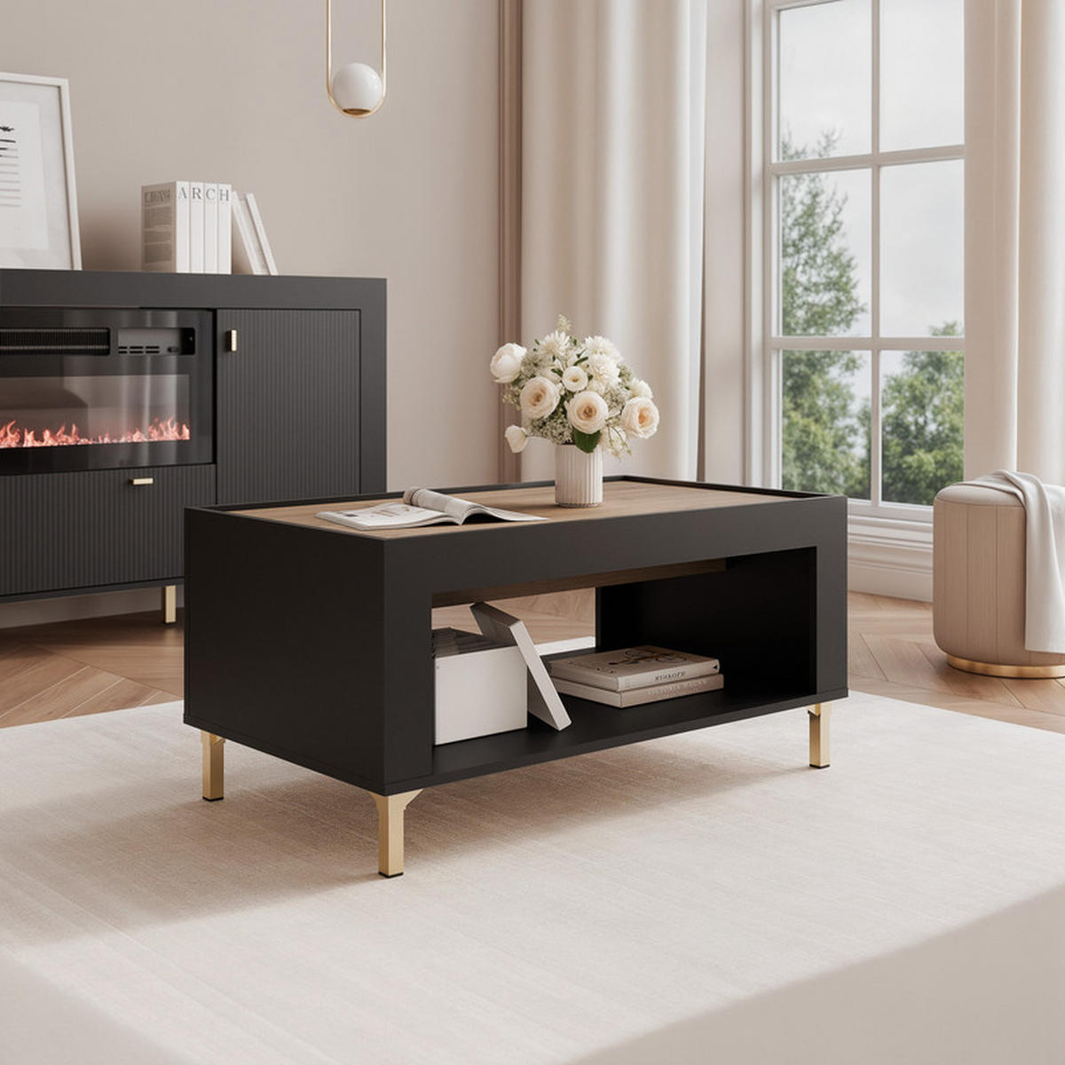 COUCHTISCH AVENA 97/56/47 cm Rechteckig, Schwarz/Eiche - Schwarz, Holzwerkstoff/Metall (56/97/47cm) - Idohome