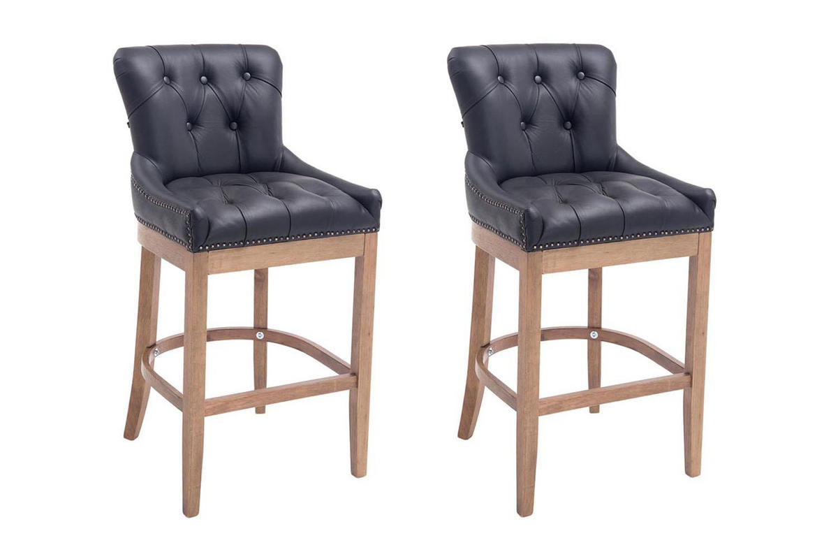 BARHOCKER 2er Set Echtleder schwarz - Schwarz/Naturfarben, Leder/Holz (55/109/57cm) - CLP