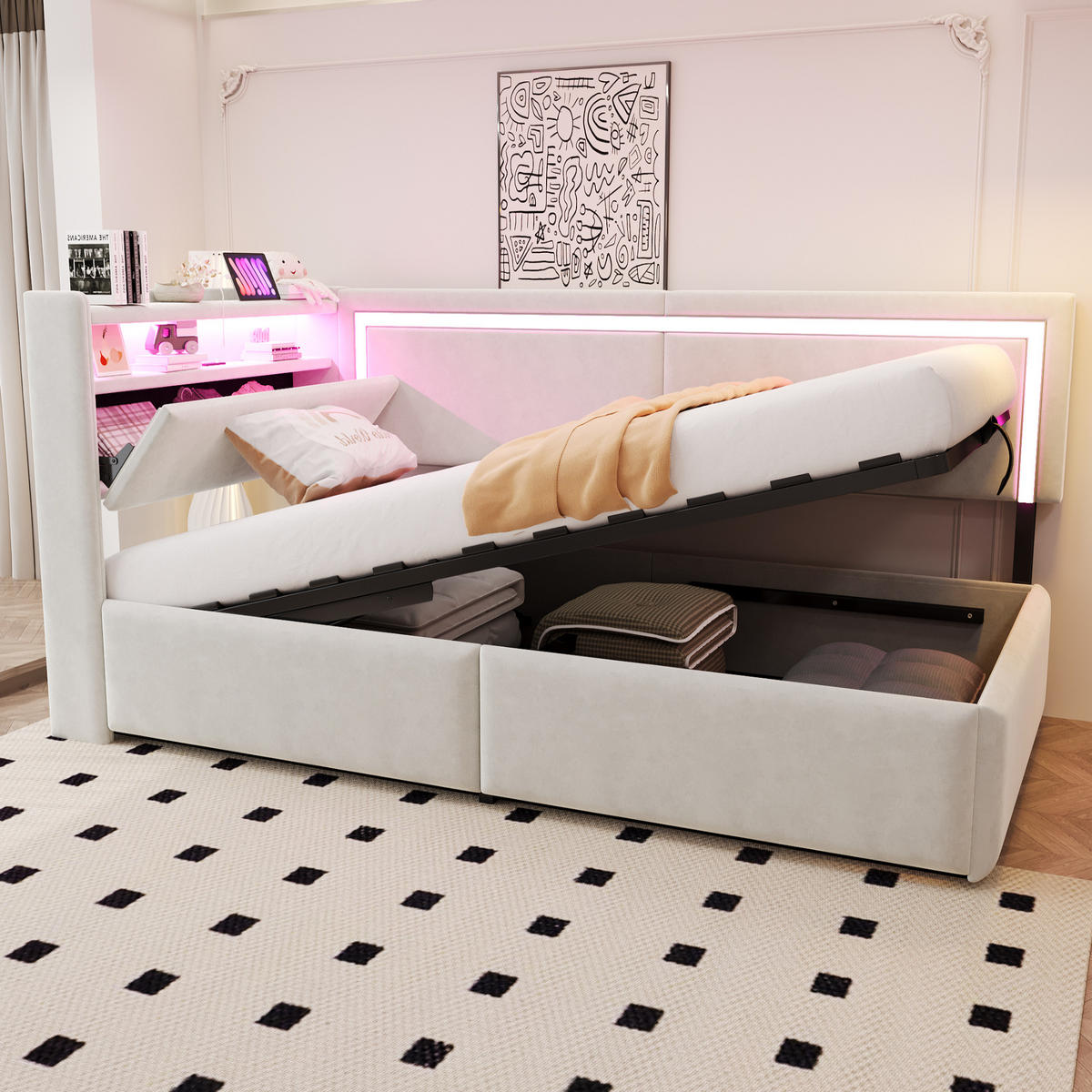 SCHLAFSOFA 90x200 cm in Beige mit LED-Beleuchtung, USB-Anschlüssen und Stauraum - Beige, Textil (90/200cm) - IVMEU