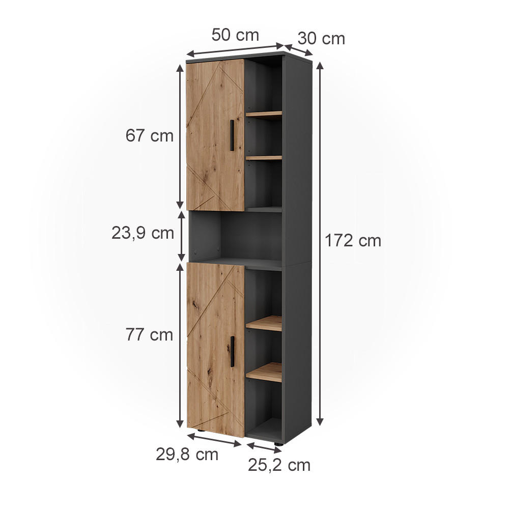 HOCHSCHRANK Irma Anthrazit/Artisan 50 x 172 cm mit 2 Türen - Anthrazit/Eiche Artisan, Holzwerkstoff (50/172/30cm) - Vicco