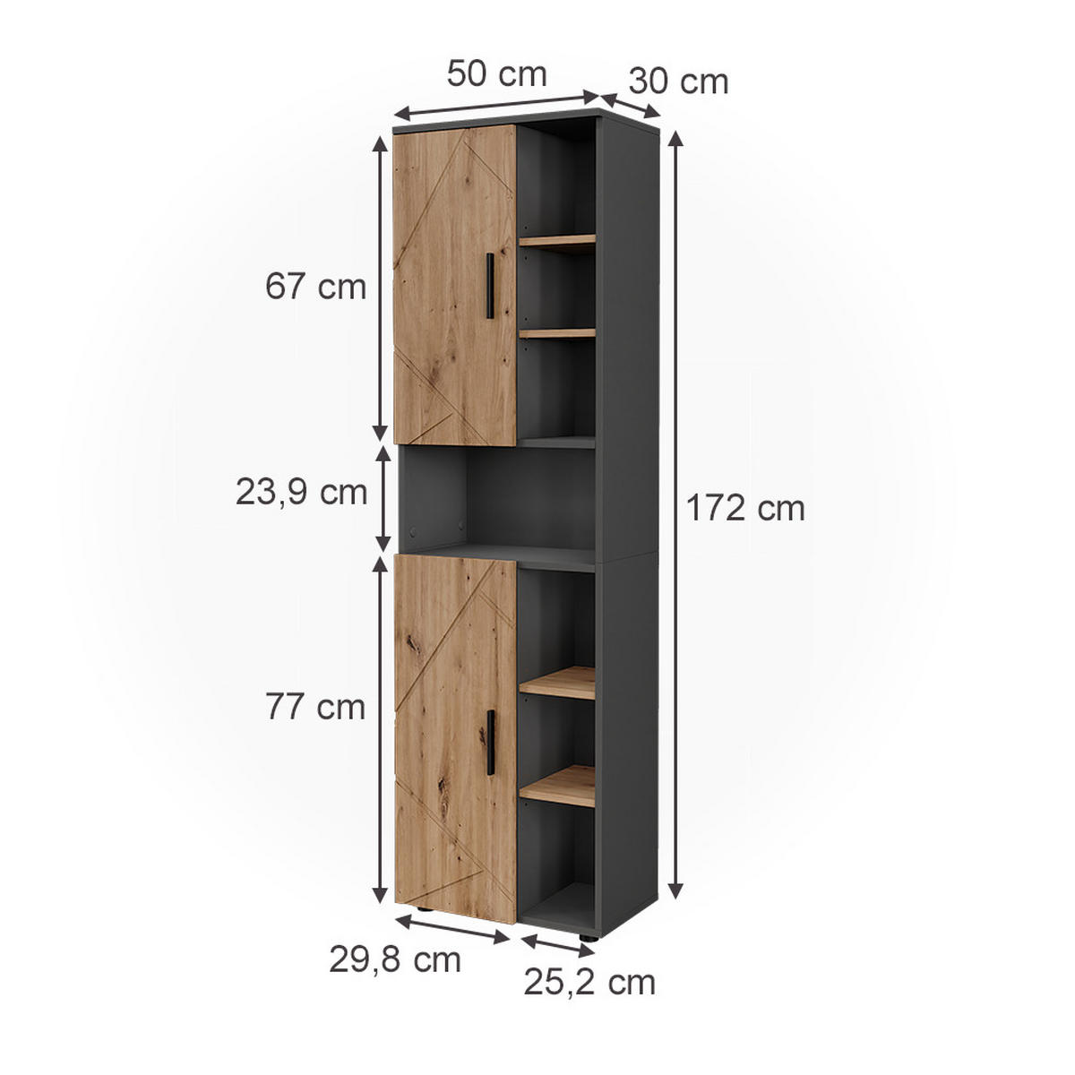 HOCHSCHRANK Irma Anthrazit/Artisan 50 x 172 cm mit 2 Türen - Anthrazit/Eiche Artisan, Holzwerkstoff (50/172/30cm) - Vicco