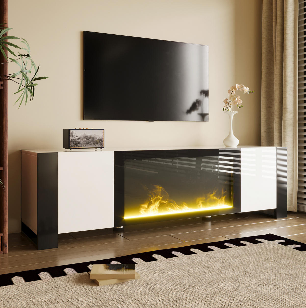 TV-ELEMENT mit Elektrokamin 165 x 32 x 55 cm Weiß/Schwarz - Weiß, Holzwerkstoff (32/55/165cm) - Beauniv