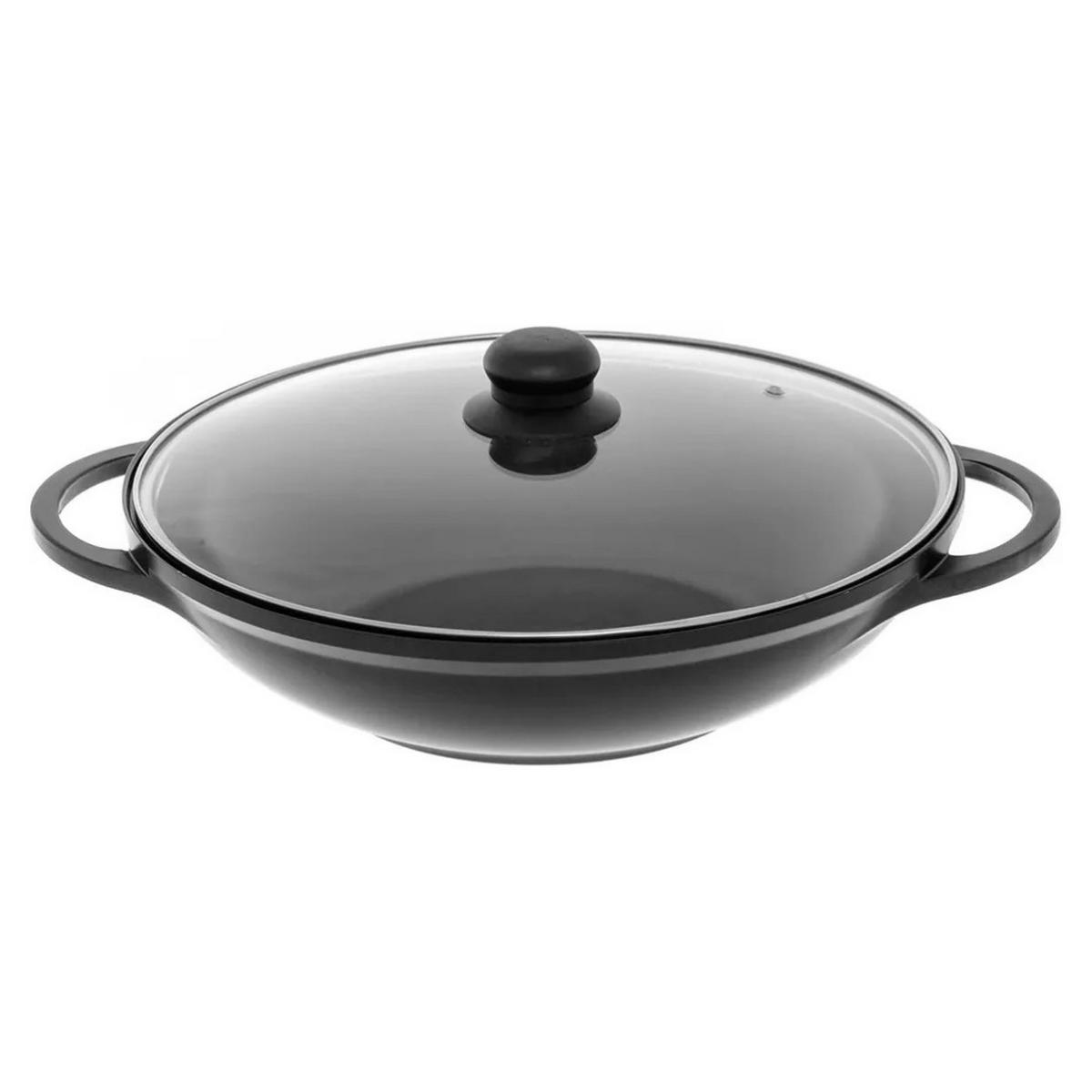 WOKPFANNE Maku Aluguss 32 cm mit Glasdeckel Induktion - Schwarz, Glas/Metall (32cm) - JUNG