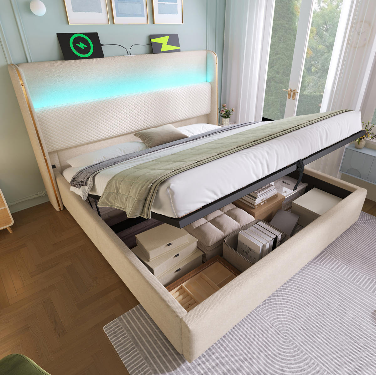 POLSTERBETT 140/200 cm mit hydraulischem Bettkasten, LED-Kopfteil & USB/Type-C, Beige - Beige, Textil (140/200cm) - Redom