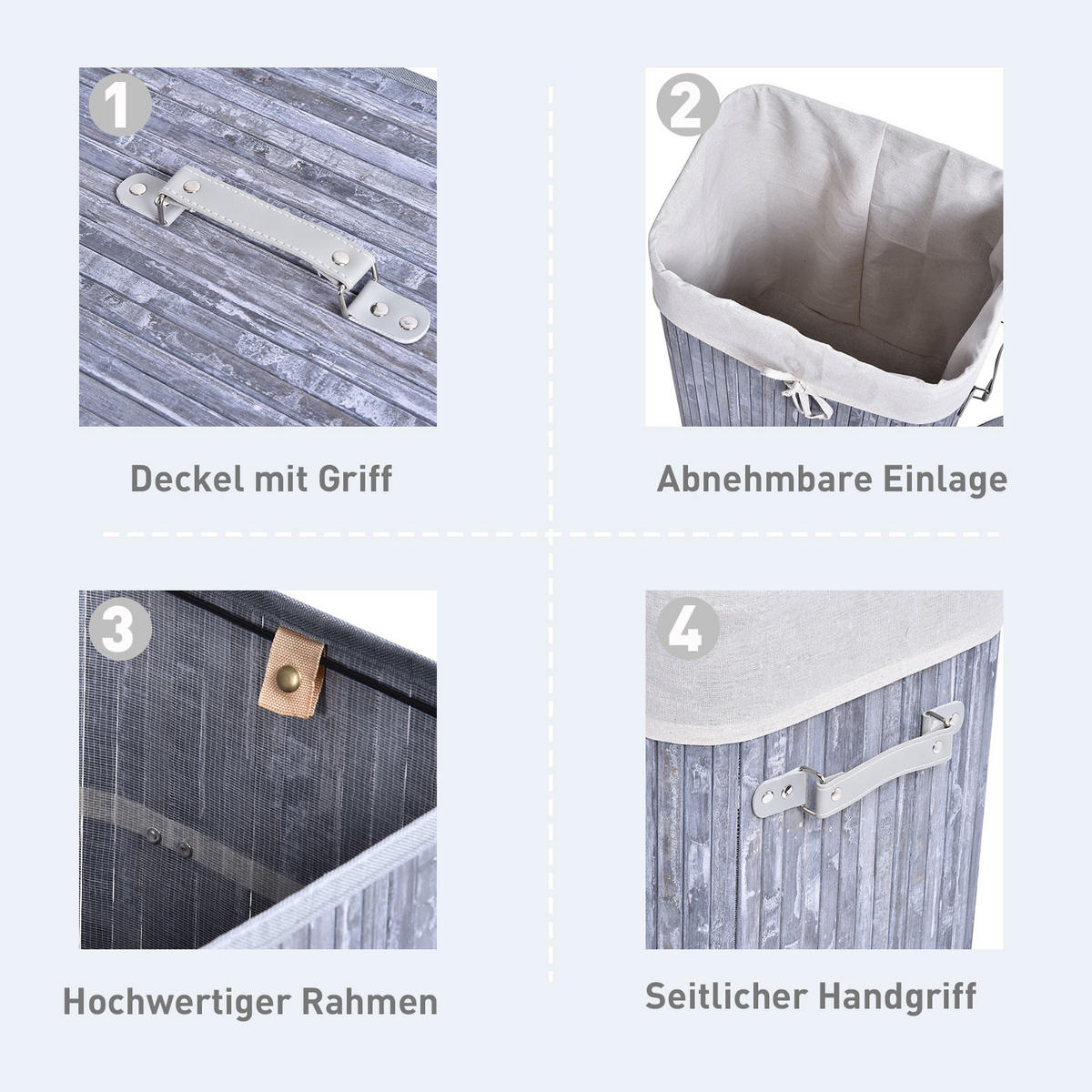 WÄSCHEKORB, Bambus, Grau - Grau, Naturmaterialien (30/60/40cm) - HOMCOM