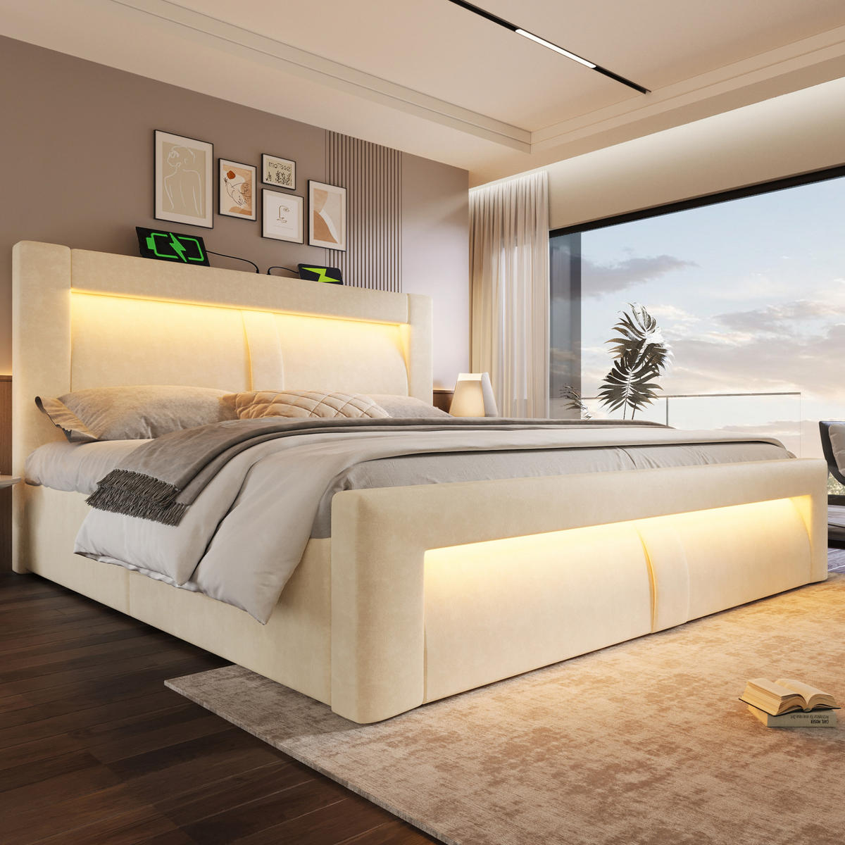 BETT mit Stauraum und LED 160x200 cm Samt Beige - Beige, Metall (160/200cm) - Meubliv