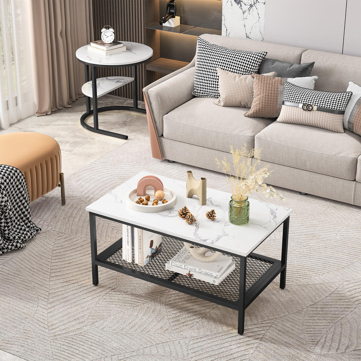 COUCHTISCH 2er Set, Marmoroptik mit Ablage & Metallrahmen, Schwarz + Gold - Schwarz, Holz (112/58/10cm)