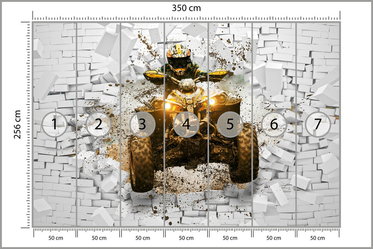 FOTOTAPETE für Büro Schlammbedecktes Quad Durchbricht Backsteinmauer 350x256 - Gelb/Beige, Papier (350/256cm) - Muralo