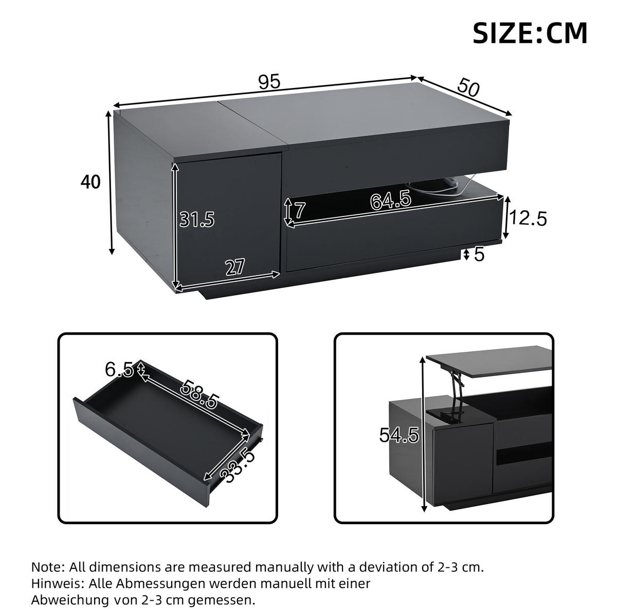 KONFERENČNÍ stolek 95/50/40 cm černý z dřevotřísky s LED a výklopnou deskou - černá, kompozitní dřevo (95/50/40cm) - OKWISH