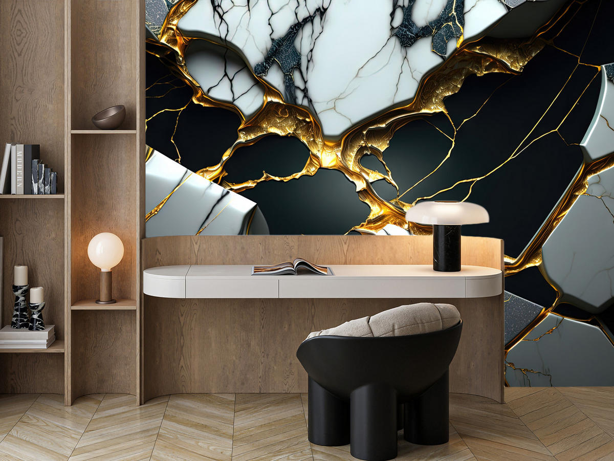 FOTOTAPETE für Wohnzimme Schwarze Weißer Marmor Goldelementen 200x140 - Goldfarben/Schwarz, Papier (200/140cm) - Muralo