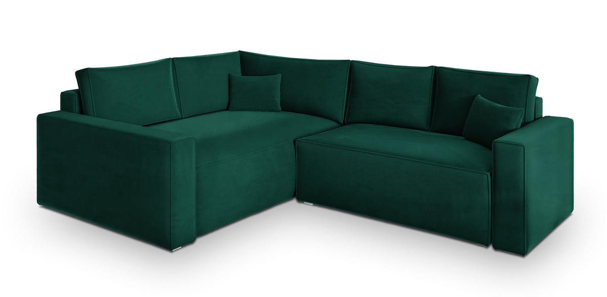 ECKSOFA ERONIS L-S Grün Velours-Stoff mit Schlaffunktion - Grün, Holz (265/194cm) - MASSENO