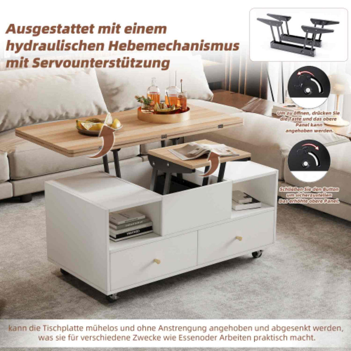 COUCHTISCH 100/50/47,5 cm mit klappbarer Oberfläche und 4 Schubladen, höhenverstellbar aus MDF in Holzfarbe - Naturfarben, Holzwerkstoff (100/50/47.5cm) - OKWISH