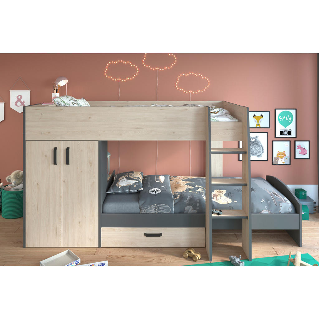 Thumbnail - Parisot Meuble Etagenbett, Eiche, Grau, Kunststoff, Nachbildung,Eiche, 4 Fächer, 1 Schubladen, Rechteckig, 90x200 cm, Ki...