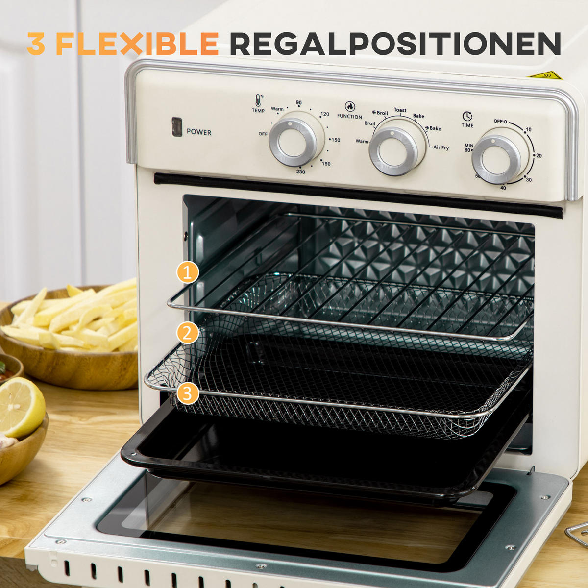 MINIBACKOFEN 20L 1400W mit Umluft, 7-in-1 Pizzaofen mit Backblech, Frittierkorb & Krümelblech, 60 Min. Timer, Cremeweiß - Beige, Metall (36/34.5/37.7cm) - Beaface