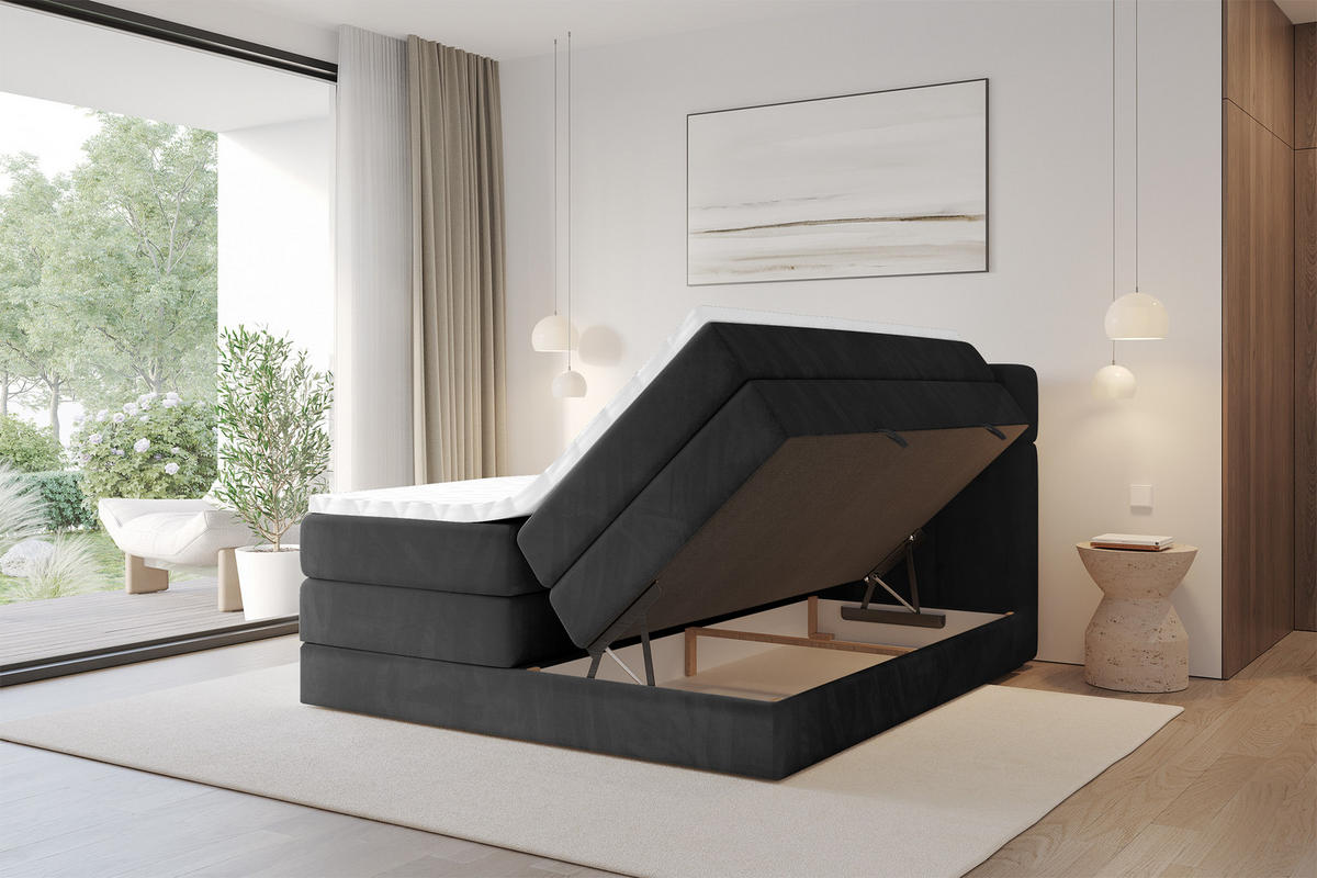 BOXBETT mit Matratze H3/H4 - FAMA KING - 180x200 cm Schwarz Casablanca - Schwarz, Holzwerkstoff (180/200cm) - ALTDECOR