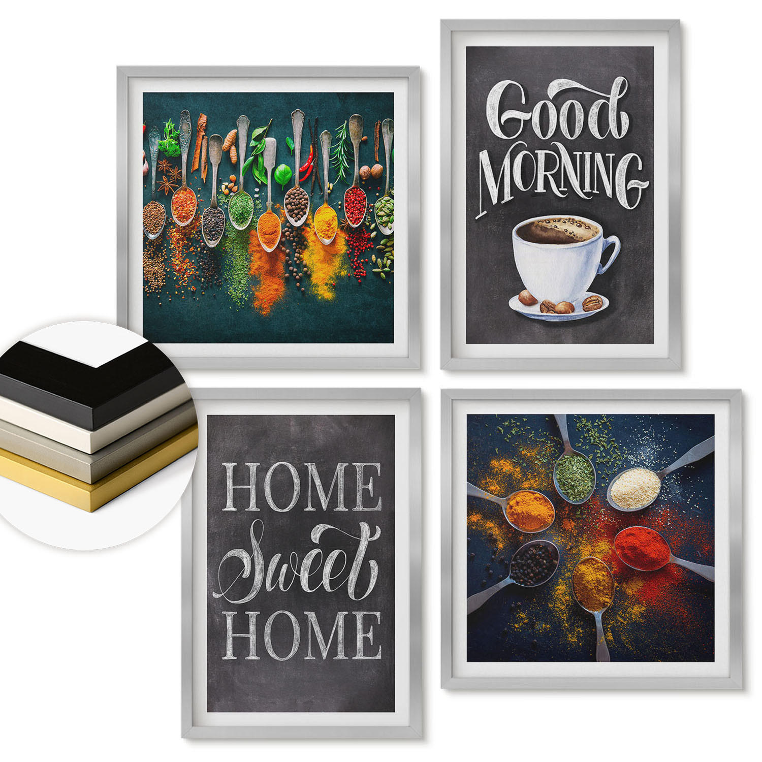 WANDBILDER 4er Set - 50x50 cm & 40x60 cm Silberner Rahmen - Gewürze, Kaffee, Tasse, Kräuter - Silberfarben, Kunststoff (50/50cm) - ArtPrintCave